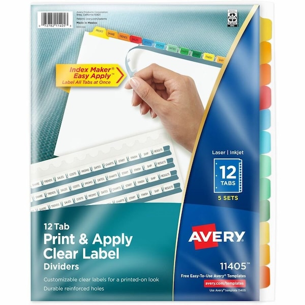 Avery Dividers, Index, 12Tab, Bright 5PK AVE11405 - main