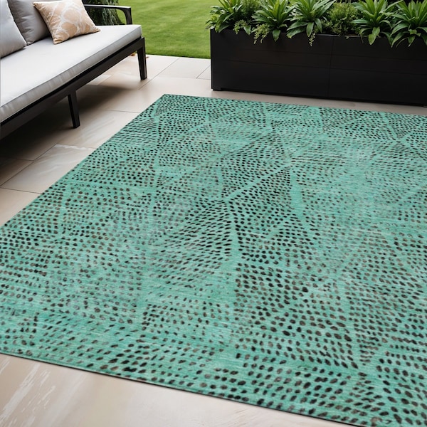 Homeroots 5' X 8' Teal Blue And Charcoal Geometric Washable Indoor Outdoor Area Rug 577602 - main