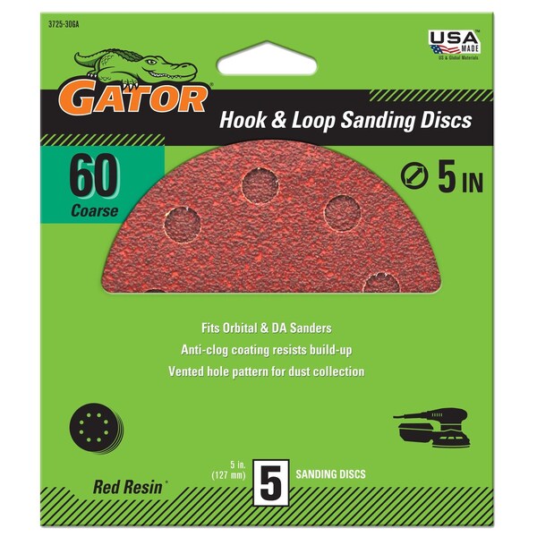 Gator Finishing Red Resin 5 in. Hook and Loop Sanding Discs, 60 Grit, Coarse, 5PK 3725 - main