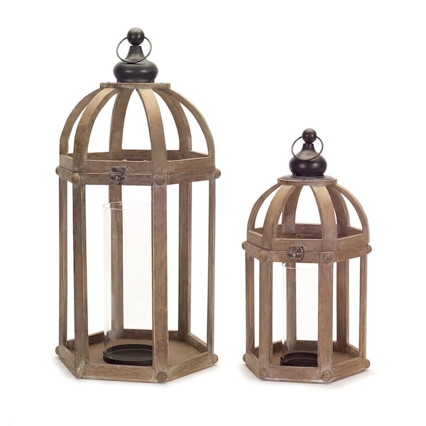 Homeroots Set of Two Brown Distressed Wood And Glass Floor Lantern Candle Holders, 2PK 517576 - main