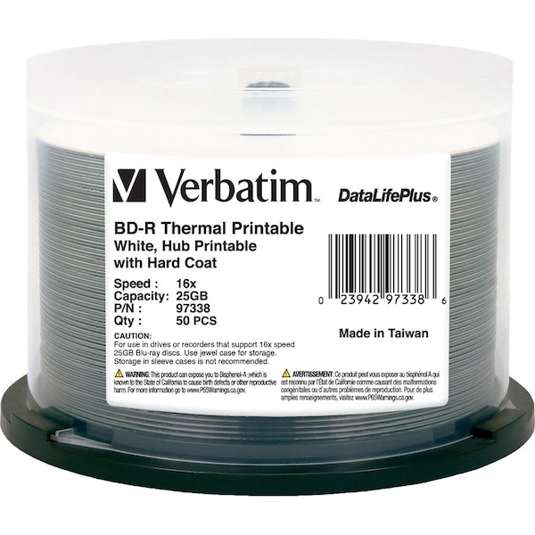 Verbatim BD-R 25GB 6X DataLifePlus White Thermal Printable, Hub Printable - 50pk Spindle 97338 - main