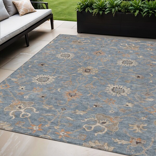 Homeroots 5' X 8' Denim Blue Ivory And Coral Floral Washable Indoor Outdoor Area Rug 604768 - main