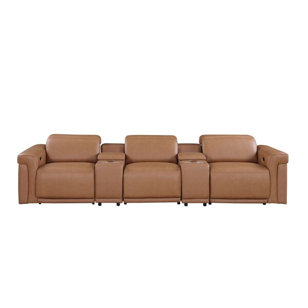 Homeroots 126" Chestnut Top Grain Leather Reclining Metal USB Sofa 720366 - main