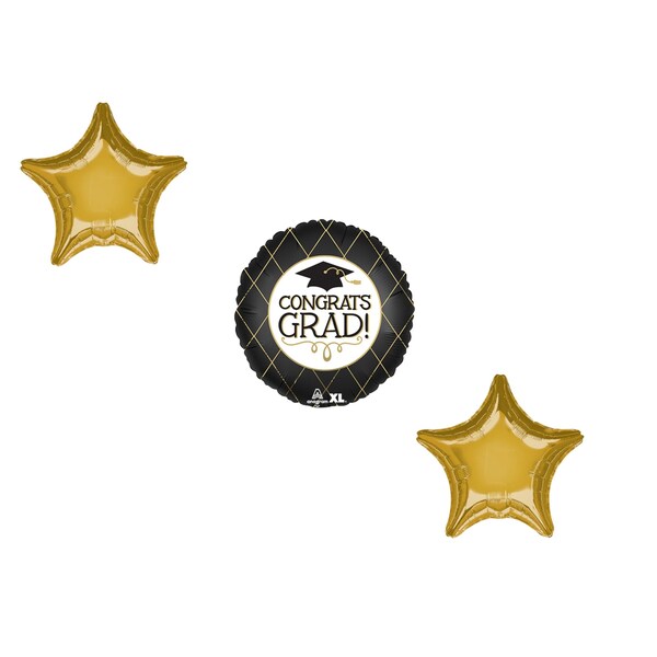 Loonballoon Graduation Grad Theme Balloon Set, Standard Grad Satin Black & Gold Balloon, Star Foil 87260 - main