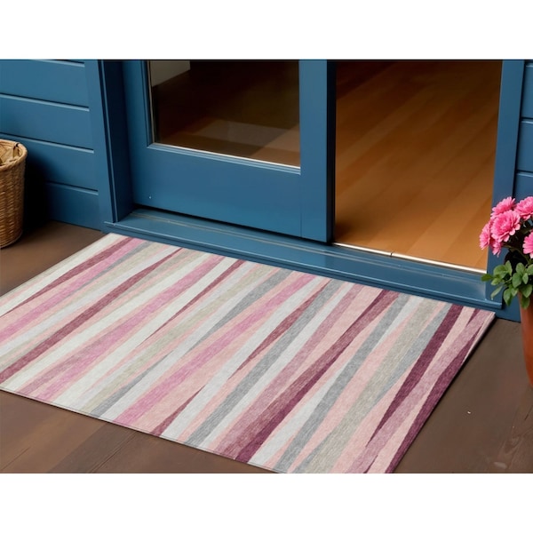 Homeroots 3' X 5' Pink Ivory And Gray Striped Washable Indoor Outdoor Area Rug 597349 - main