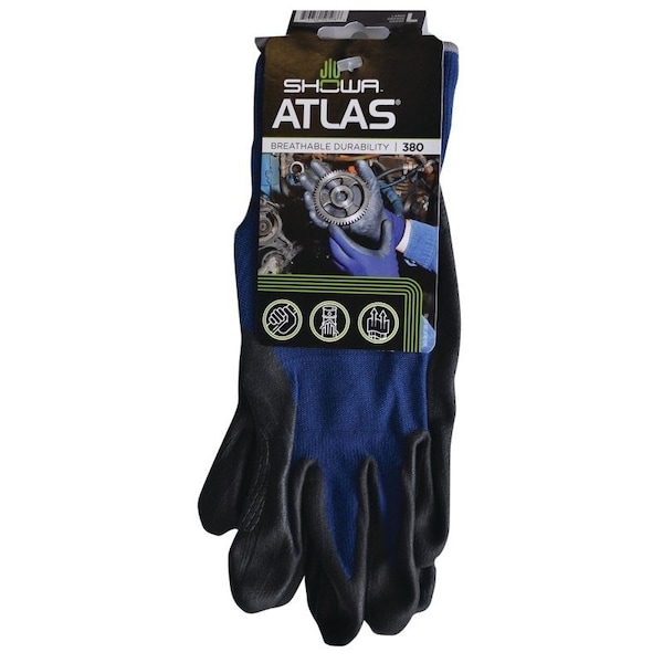 Showa Atlas Showa Coated Gloves, L, 8-21/32 to 10-15/64 in L, Elastic Wrist, Seamless Knit Cuff, Nitrile FoamCoating 380L-08.RT - main