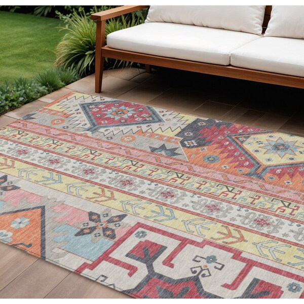 Homeroots 9' X 12' Linen Pink And Yellow Aztec Washable Indoor Outdoor Area Rug 598476 - main