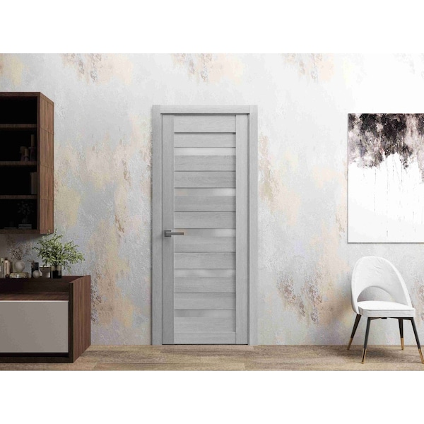 Sartodoors Solid French Door 18 x 80in, Quadro 4445 Light Grey Oak W/ Frosted Glass, Sgl Panel Frame Trim QUADRO4445ID-OAK-18 - main