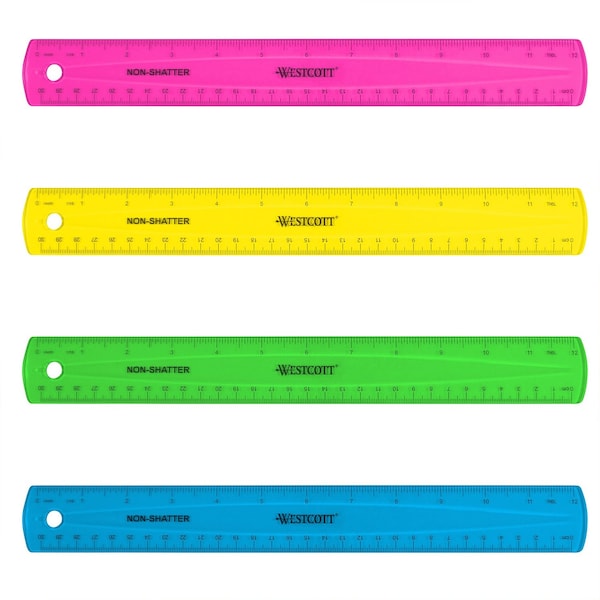 Westcott Non-Shatter Flexible Ruler, Standard/Metric, 12 in (30 Cm) Long, Plastic, Asst Colors, 12PK 17721 - main