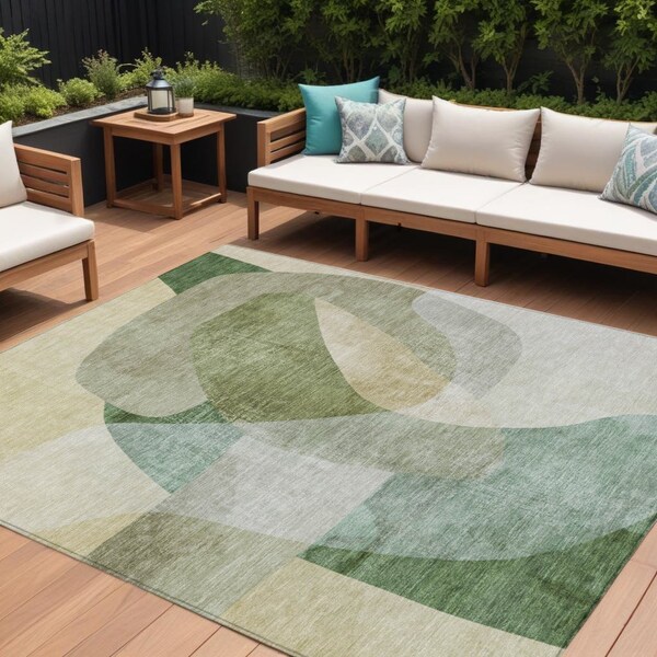 Homeroots 9' X 12' Artichoke Green And Taupe Abstract Washable Indoor Outdoor Area Rug 630427 - main