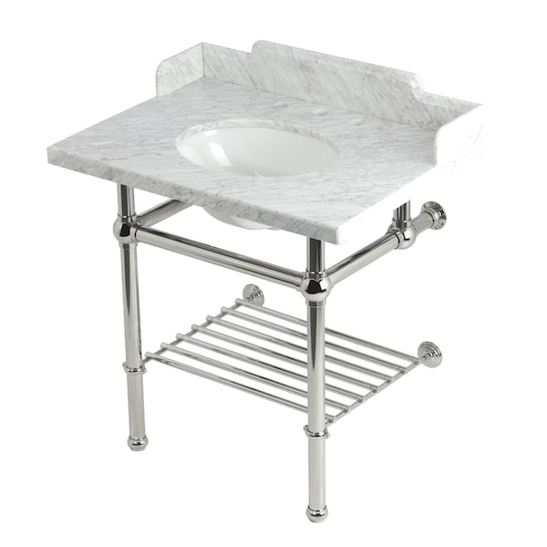 Kingston Brass 30-Inch Carrara Marble Console Sink with Brass Legs and Shelf, 8-Inch, 3-Hole LMS3030MBB6 - main