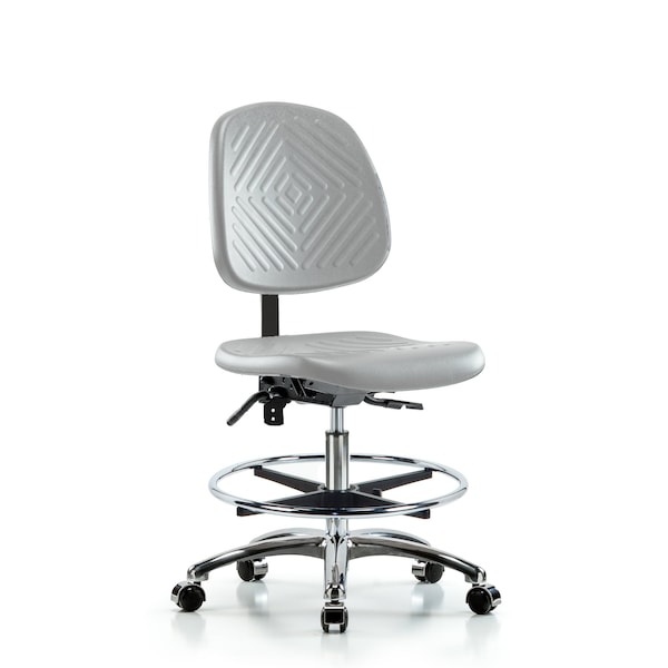 Blue Ridge Ergonomics CL100CleanRoom Chair-Med Bench Height with Med Back, Seat Tilt, Chrome Foot Ring, &Casters in Gray Poly NCR-PMBCH-MB-CR-T1-A0-CF-CC-GRY - main