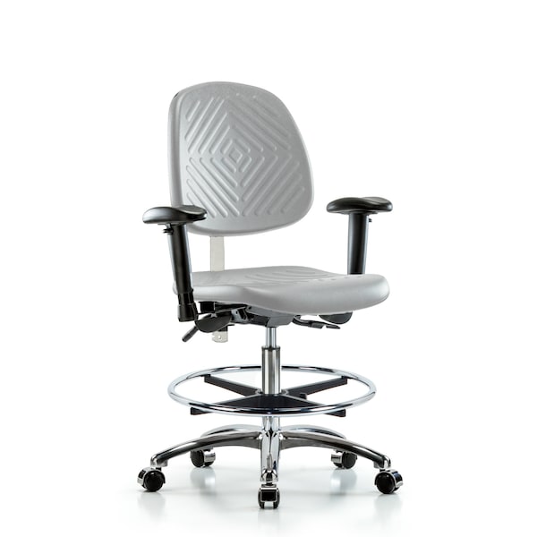 Blue Ridge Ergonomics CL100CleanRoom Chair-Med Bench Ht with Med Back, Seat Tilt, Adj Arms, Chrome FR, & Casters in Gray Poly NCR-PMBCH-MB-CR-T1-A1-CF-CC-GRY - main