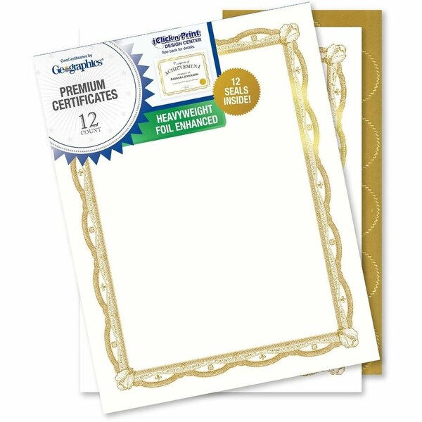 Geographics Premium Certificates with Gold Seals, 65 lb Basis Weight, 11in W, Inkjet Compatible, Gold, 12PK 48766 - main