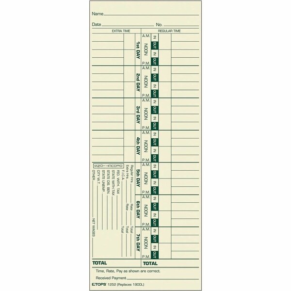 Tops Business Forms TOPS, Time Card For Acroprint And Lathem, Weekly, 3 1/2 X 9, 500PK 1252 - main