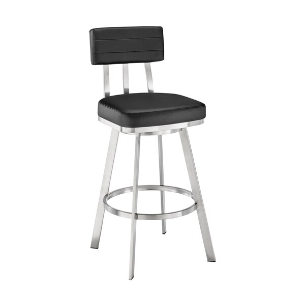 Armen Living Benjamin 30in Swivel Bar Stool in Brushed Stainless Steel with Black Faux Leather LCBEBABSBLK30 - main