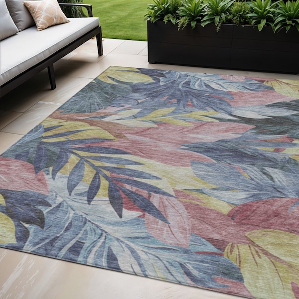 Homeroots 5' X 8' Denim Blue And Blush Floral Washable Indoor Outdoor Area Rug 611103 - main