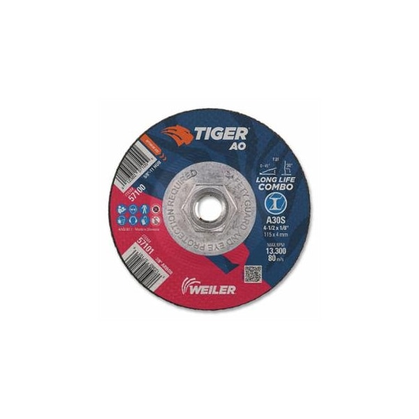 Weiler Tiger AO Type 27 Cut/Grind Combo Wheel, 4-1/2in dia x 1/8in Thick, 5/8in-11 dia Arbor, A30S, 10PK 804-57100 - main