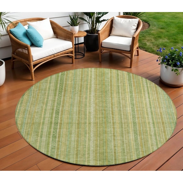 Homeroots 8' Artichoke Green Fern Green And Gold Round Striped Washable Indoor Outdoor Area Rug 616396 - main