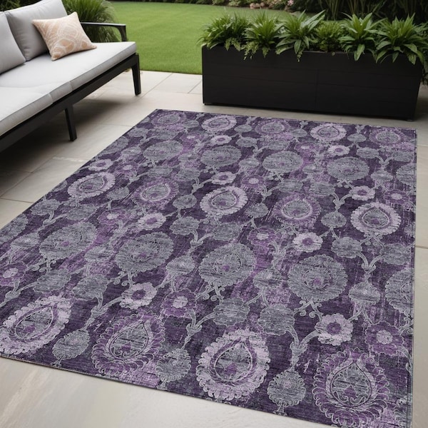 Homeroots 5' X 8' Eggplant Purple And Lavender Damask Washable Indoor Outdoor Area Rug 588161 - main