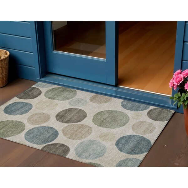 Homeroots 3' X 5' Khaki Fern Green And Teal Blue Geometric Washable Indoor Outdoor Area Rug 630579 - main