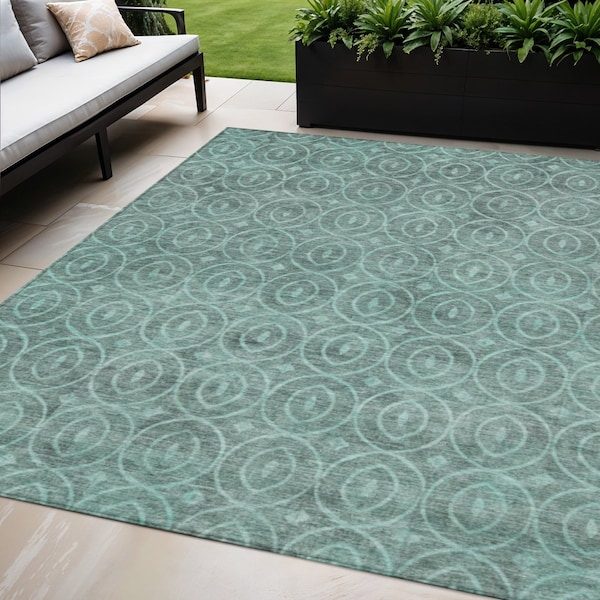 Homeroots 5' X 8' Teal Blue Geometric Washable Indoor Outdoor Area Rug 607507 - main