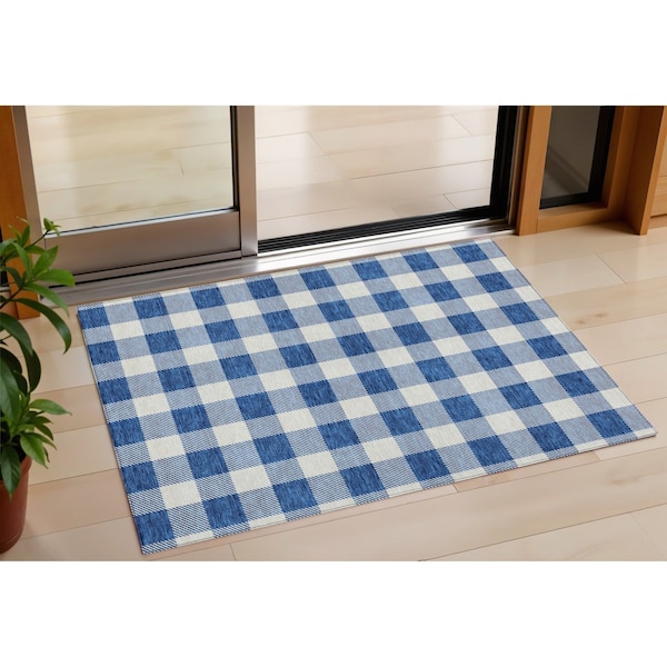 Homeroots 3' X 5' Navy Blue And Gray Plaid Washable Indoor Outdoor Area Rug 595409 - main