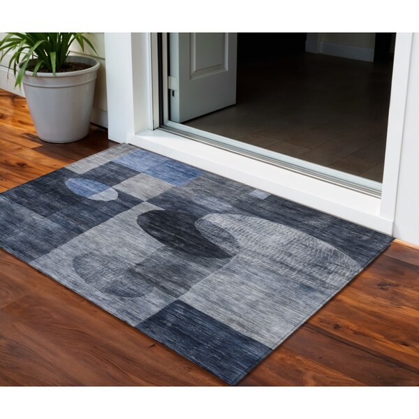 Homeroots 3' X 5' Navy Blue Gray And Charcoal Geometric Washable Indoor Outdoor Area Rug 604330 - main