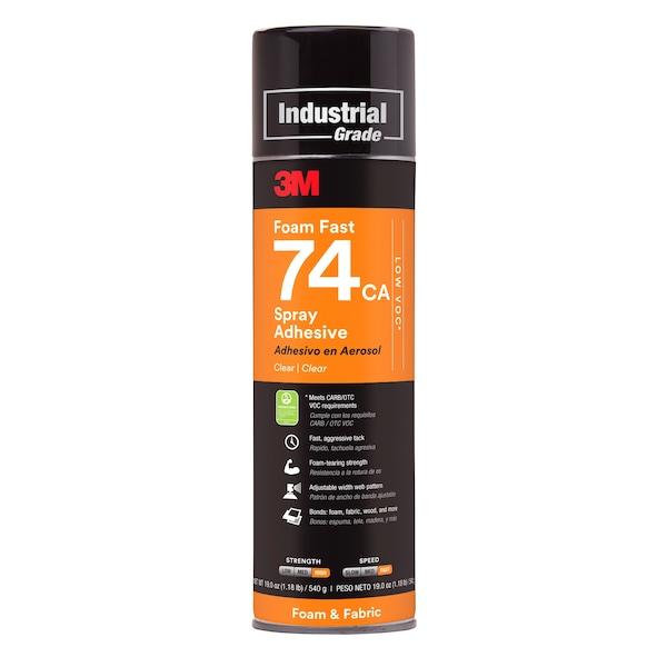 3M Foam Fast Spray Adhesive 74CA, Low VOC &lt;25%, Clear, 24 fl oz, 12PK SPRAY74CAC - main