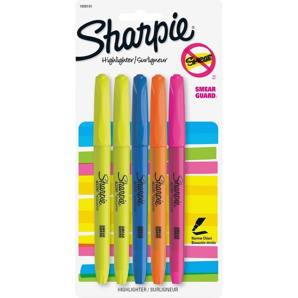 Sanford Sharpie, POCKET STYLE HIGHLIGHTERS, CHISEL TIP, ASSORTED COLORS, 5 Pieces 1908101 - main
