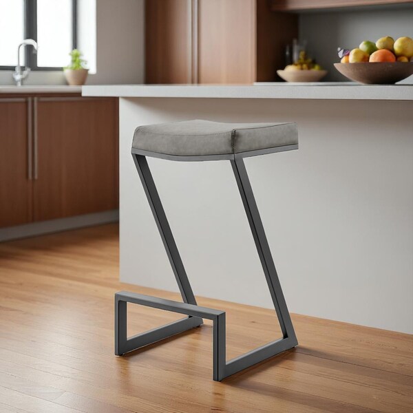 Homeroots 26" Gray and Black Faux Leather and Iron Backless Counter Height Bar Chair 569178 - main