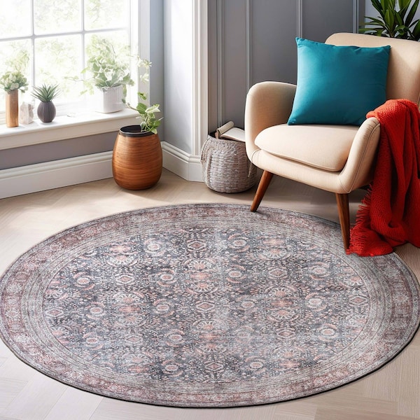 World Rug Gallery Vintage Inspired Machine Washable Non Slip Area Rug 8 ft Round Charcoal 6029CHARCOAL8RND - main