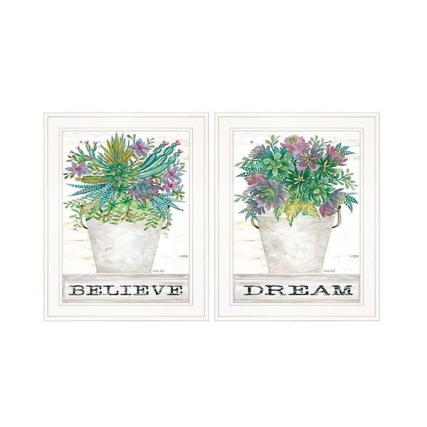 Homeroots Set Of Two Succulents Dream and Believe White Framed Print Wall Art, 2PK 407931 - main