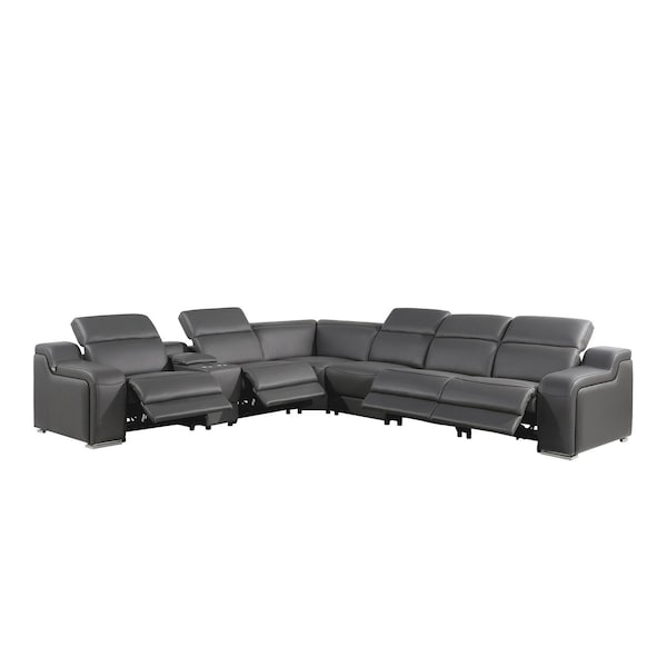 Homeroots Gray Italian Leather Power Reclining Curved Seven Piece Corner Sectional With Console 544984 - main