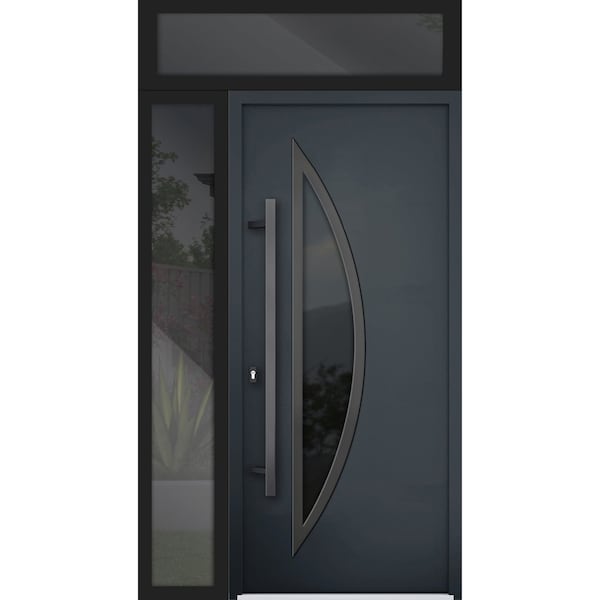 Vdomdoors Steel Door Deux 6501 Anthracite Sidelight and Transom Window Stainless Inserts Single Modern Painte DEUX6501EXD-BLK-W36+16 x H80+16-Left-hand Inswing - main