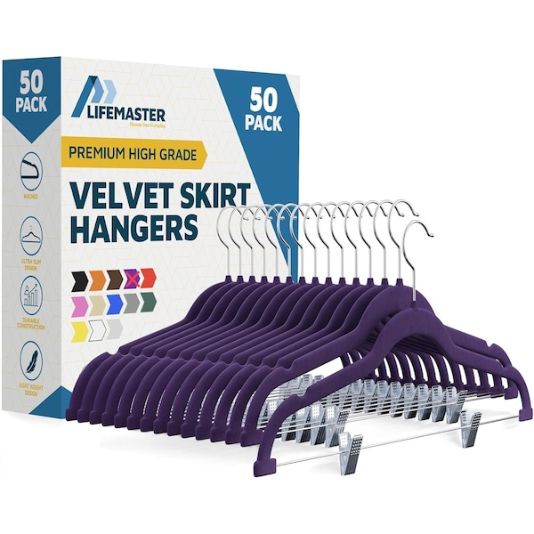 Lifemaster Velvet Skirt Hangers, Adjustable Clips, 360 Deg Swivel Hook, Non-Slip, Holds 10 lbs, Purple, 50PK LMVSH50PU - main