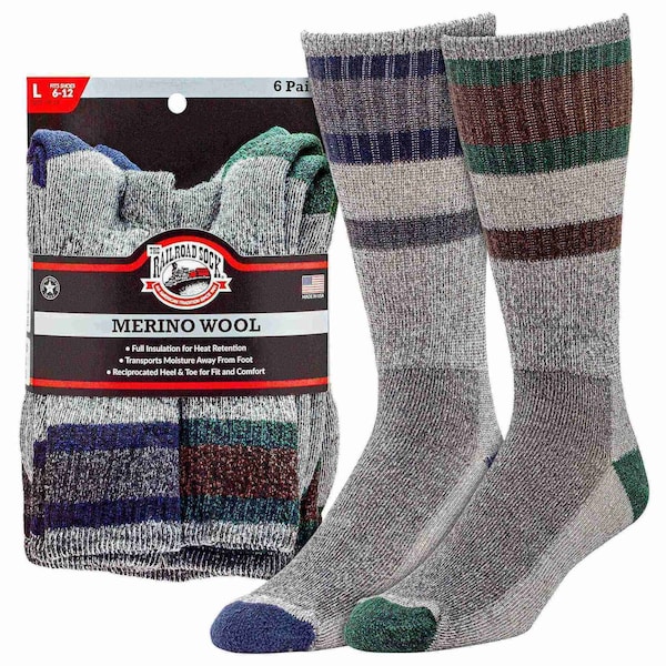 Railroad Sock Mens Crew Socks, 5% Merino Wool, 40% Acrylic, 13% Stretch Nylon, 2% Elastic, 6-12 M, 6 PK 2846 - main