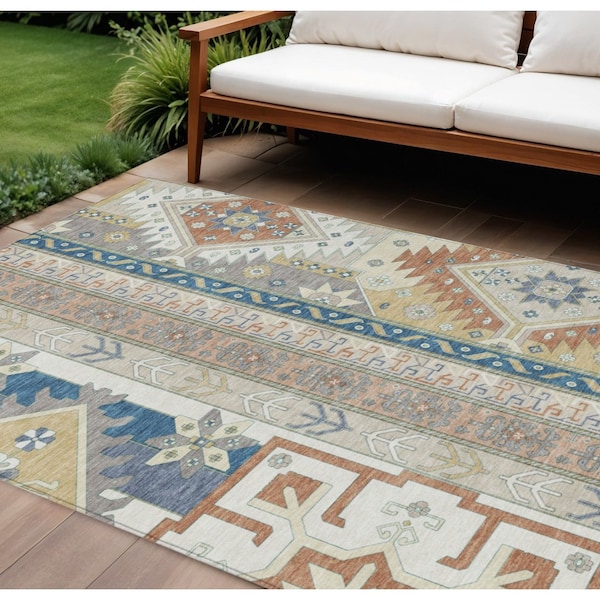 Homeroots 9' X 12' Ivory Blue And Brown Aztec Washable Indoor Outdoor Area Rug 598470 - main