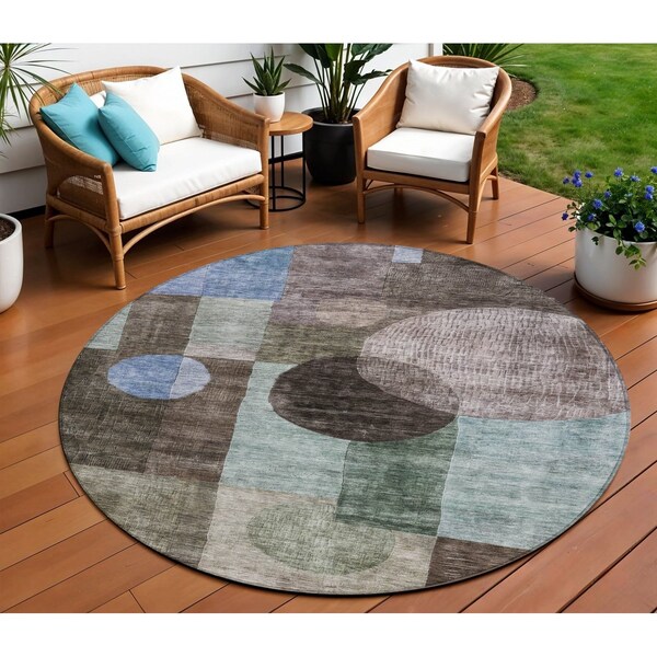 Homeroots 8' Brown Blue And Green Round Geometric Washable Indoor Outdoor Area Rug 604308 - main