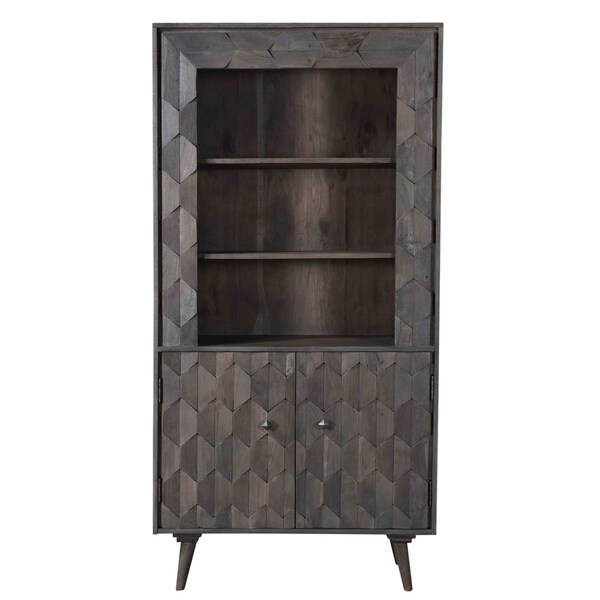 Homeroots 70" Gray Distressed Solid Wood Three Tier Bookcase with Two Doors 488873 - main