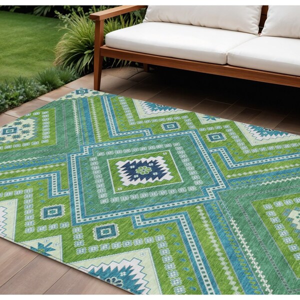 Homeroots 10' X 14' Lime Green Aqua And Ivory Tribal Washable Indoor Outdoor Area Rug 598135 - main