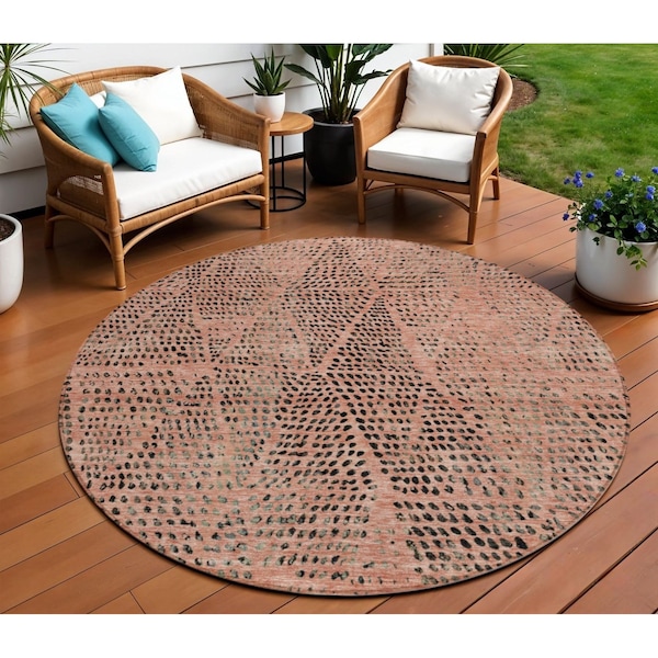 Homeroots 8' Salmon Charcoal And Beige Round Geometric Washable Indoor Outdoor Area Rug 577591 - main