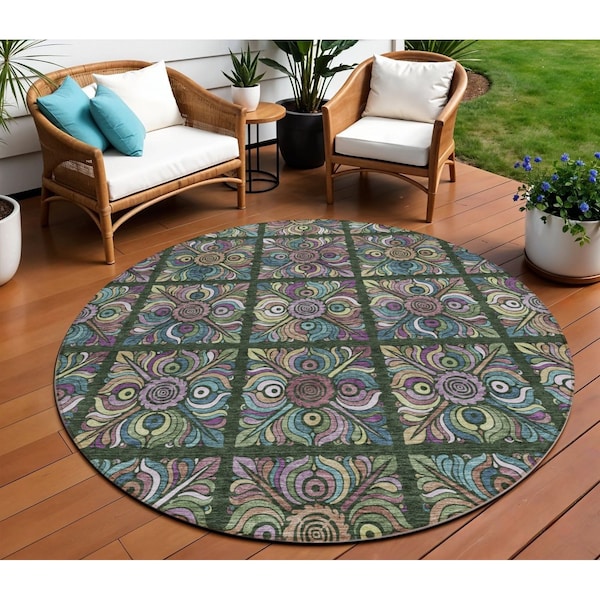 Homeroots 8' Fern Green Purple And Teal Blue Round Medallion Washable Indoor Outdoor Area Rug 589268 - main
