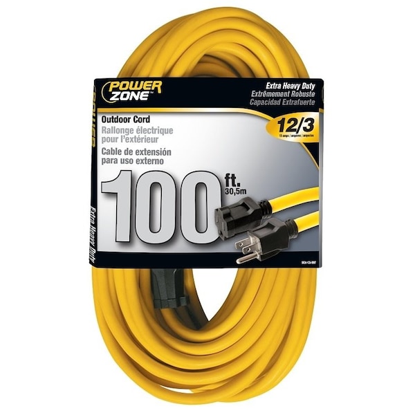 Powerzone SJTW Extension Cord, 12 AWG, Outdoor, 12/3, 1 Outlets, Yellow, 100 ft EC500835 - main