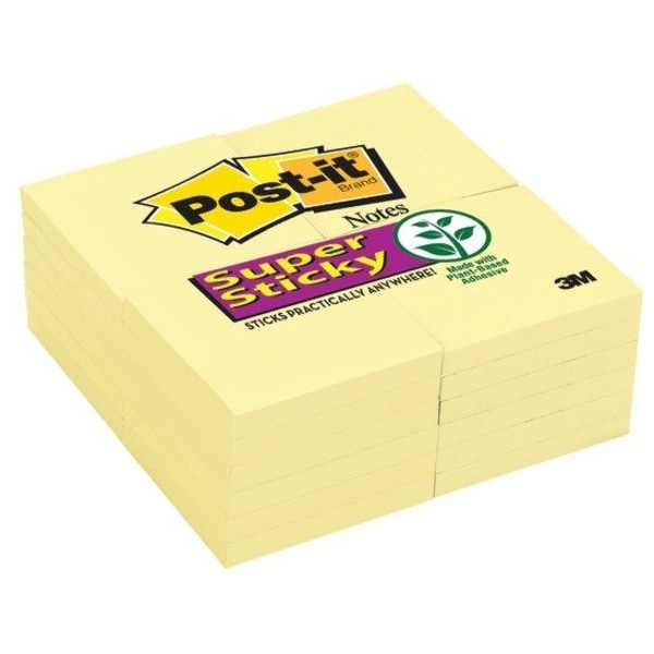 3M Post-it Notes Super Sticky Notes 65424SSCY, 3" x 3", Canary Yellow, 90 Sheets/Pad, 24/Pack 65424SSCY - main