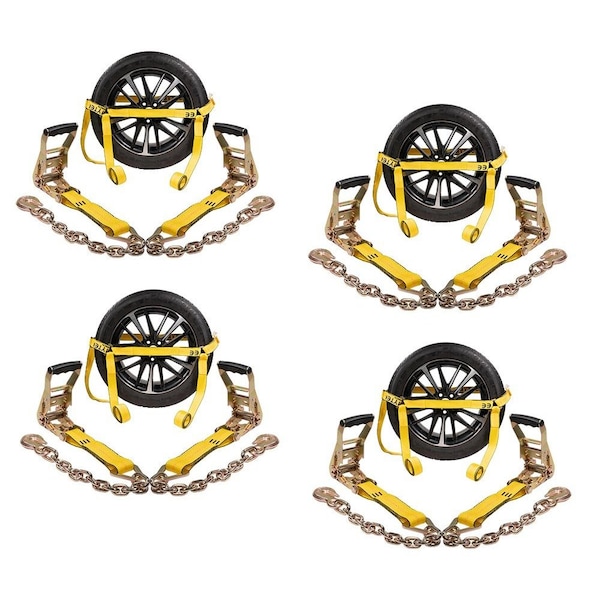 Mytee Products 4Pcs 2 inx10 ft Car Tire Tie Down Straps for Trailer w/Chain Anchors & Dual Ratchets, 4PK RST-210SM-CADSx4 - main