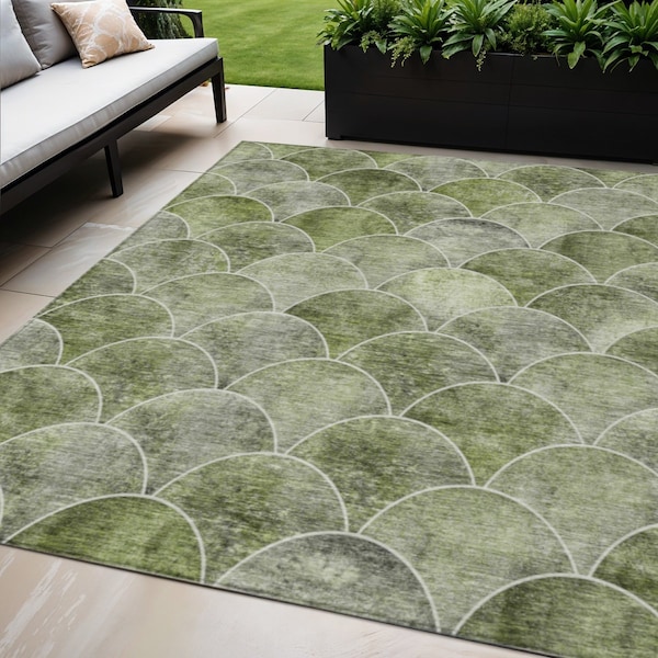 Homeroots 5' X 8' Green And Ivory Abstract Washable Indoor Outdoor Area Rug 577674 - main