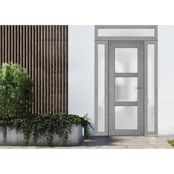 Vdomdoors Front Exterior Prehung FiberGlass Door Frosted Glass / Manux 8552 Grey Ash / 2 Sidelight and Transo MANUX8552EXD-SS-W14+36+14 x H80+14-RH - main