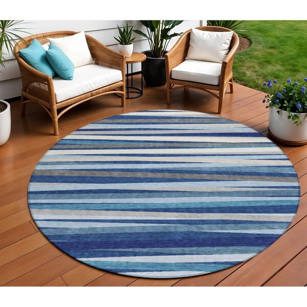 Homeroots 8' Navy Blue Ivory And Gray Round Striped Washable Indoor Outdoor Area Rug 597345 - main