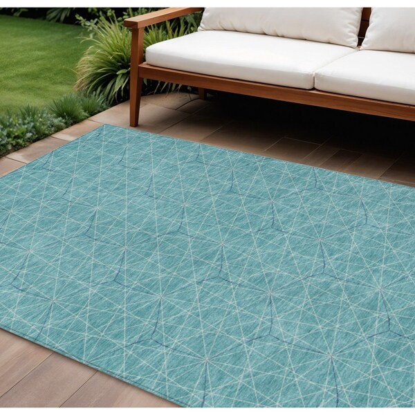 Homeroots 9' X 12' Teal Blue Black And Ivory Geometric Washable Indoor Outdoor Area Rug 596774 - main